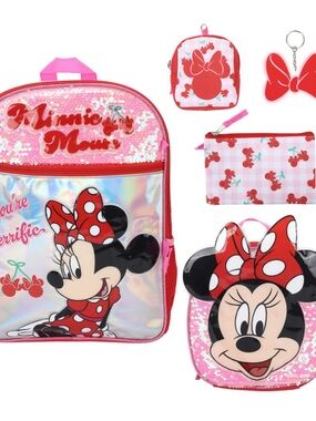 Disney Minnie Mouse Pink Sequin 5-Piece Backpack Set with free pink water bottle
